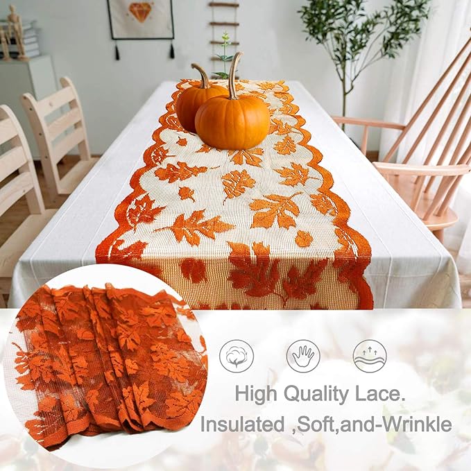 Fall Table Runner Thanksgiving Fall Decorations for Home 13 x 72 Inch Maples Leaves Table Runner Autumn Harvest Orange Lace Runners Thanksgiving Decorations for Tables Kitchen Dining Party (Brown)