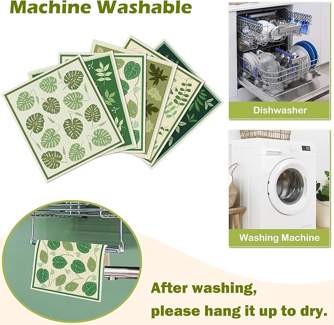 6 Packs Swedish Paper Cloths for Kitchen, Reusable Paper Towels Washable Dish Rags, Highly Absorbent Kitchen Towels Quick Drying Swedish Sponge Cleaning Dish Cloths(Green Plant Leaves)