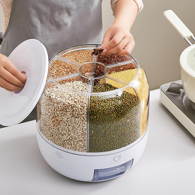 Rice Dispenser | 360° Rotating Grain Storage Bin - 6 Grids, 10LBS Large Capacity Food Container, Moisture-Proof, One-Click Output for Rice, Beans & Pet Food - Kitchen Pantry Organizer (White)