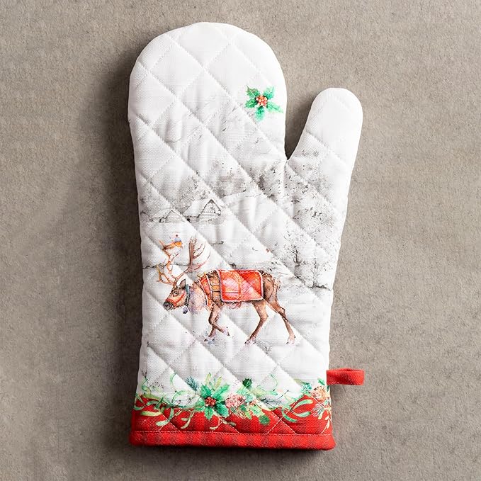Maison d' Hermine Oven Gloves 100% Cotton Oven Mitt 7" x 13" with Loop Heat Resistant Cooking Gloves for Thanksgiving Christmas Decorations Baking Handling Hot Pans (Pack of 1, Christmas Tradition)