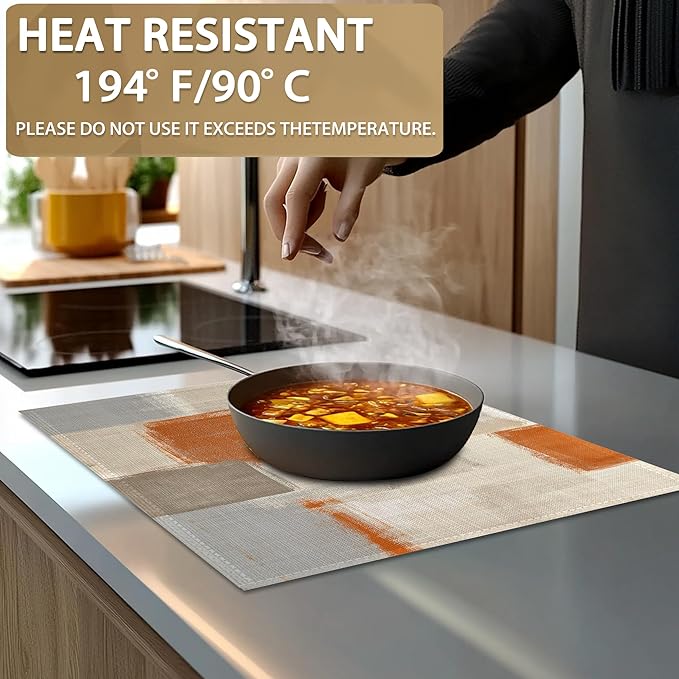 Orange and Grey Placemats Set of 6 Linen Washable, Heat-Resistant 12x18 Inch Abstract Art PaintingTable Place Mats for Kitchen Dining for Home Party Holidays