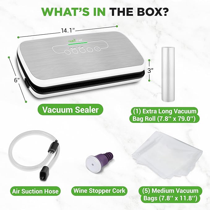 NutriChef Automatic Food Vacuum Sealer, Electric Air Sealing Preserver System for Dry and Moist Foods, LED Control, Strong Suction, Includes Bags, Wine Stopper Cork, and Air Suction Hose, 14”x6”x3”
