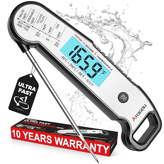 Atogou Meat Thermometer, Professional Food Thermometer, <1 Sec Instant Read, ±0.5℉ Accuracy, Thermocouple Sensor, Waterproof Digital Thermometer for Cooking, BBQ, Grill, Him Dad Birthday Gifts, Silver