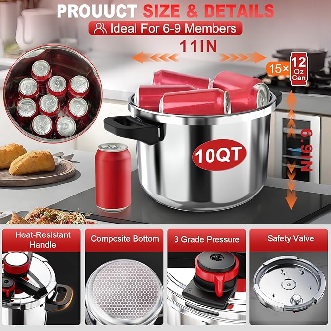 3-In-1 304 Stainless Steel Pressure Cooker 10 Quart: [3 PSI Settings], One-Hand Locking, Induction Compatible, Glass Lid & Steamer Rack Included, Olla de Presion
