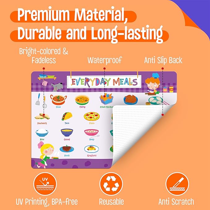 6 Pack Placemats for Kids, Non-Slip Washable Table Mats, Reusable Food Themed Dining Mats - Fruits, Vegetables, Snacks, Candies, Everyday Meal, Educational Placemats for Home, Classroom, Nursery
