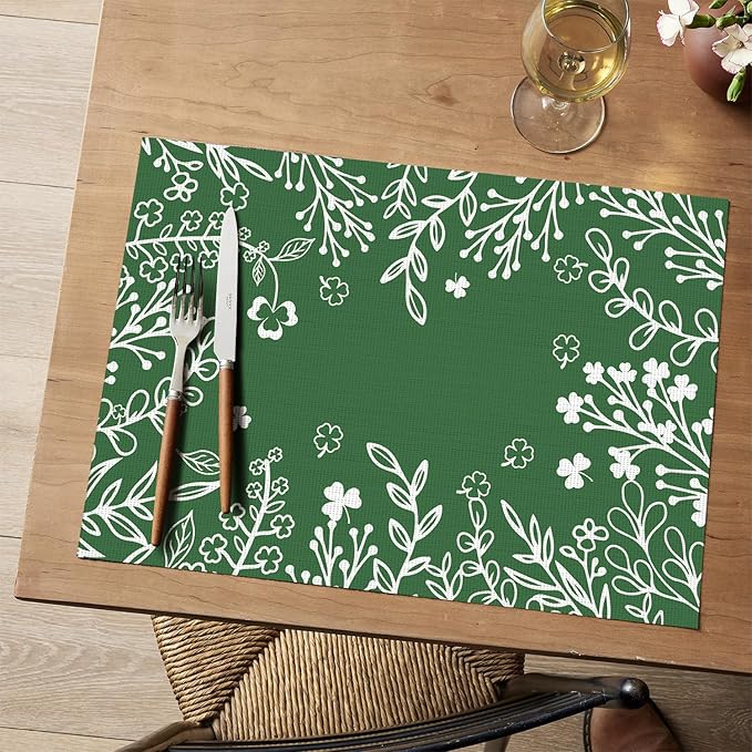Artoid Mode Dark Green Weed Wild Flower Vinyl Plastic Placemats Set of 4, 12x18 Inch Woven Washable Non-Slip PVC Place Mats for Party Kitchen Dining Decor