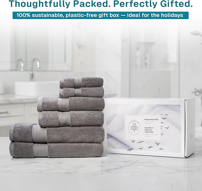 Fabdreams 100% Organic Cotton Bath Towel Set of 6 700 GSM Hotel Premium Plush Absorbent Soft Durable Skin-Friendly Spa Quality Bathroom Comfort with 2 Bath 2 Hand Towels and 2 Wash Cloths Dark Grey