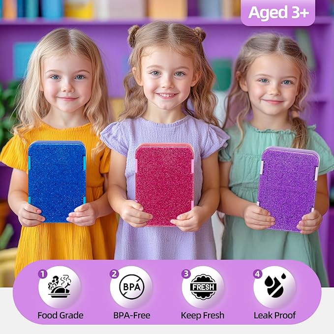 Bento Lunch Box for Kids, 6 Compartments BPA Free, Dishwasher Safe Back to School Snack Bento Lunch Containers Boxes, Ideal Portion Sizes for On-the-Go Meal, Shiny Purple