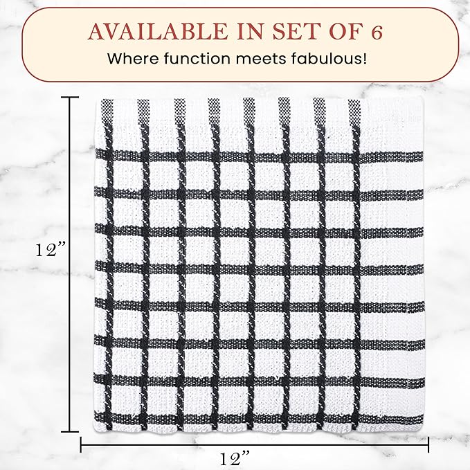 Vintage Vista 100% Cotton Dish Cloths (Pack of 6) - Dish Rags for Washing Dishes - Reusable & Highly Absorbent Kitchen Towels - Kitchen Rags fo Easter - (12" x 12" - Black Checkered)