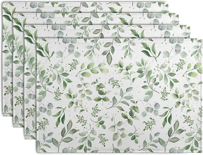 Sage Green Eucalyptus Leaves Placemats Set of 4 Spring Summer Watercolor Leaf Table Mats 12x18 Inch Seasonal Holiday Rustic Farmhouse Linen Fabric Place Mat for Kitchen Dining Decor