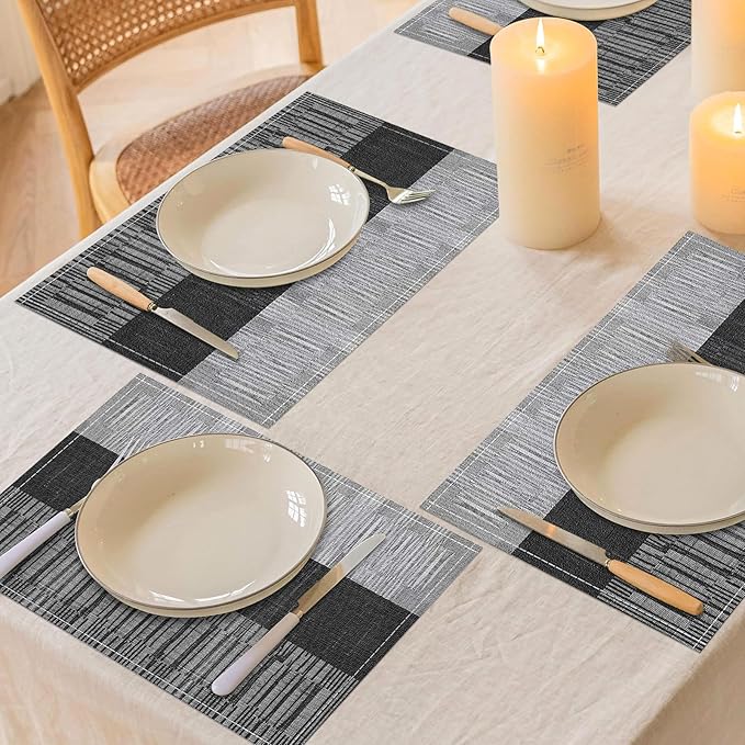 Niviy Black Placemats Set of 6, 12x18 Inch Washable Easy to Clean Heat-Resistant Anti-Skid Indoor Outdoor Table Mats for Holiday Party Kitchen Dining Room Decoration