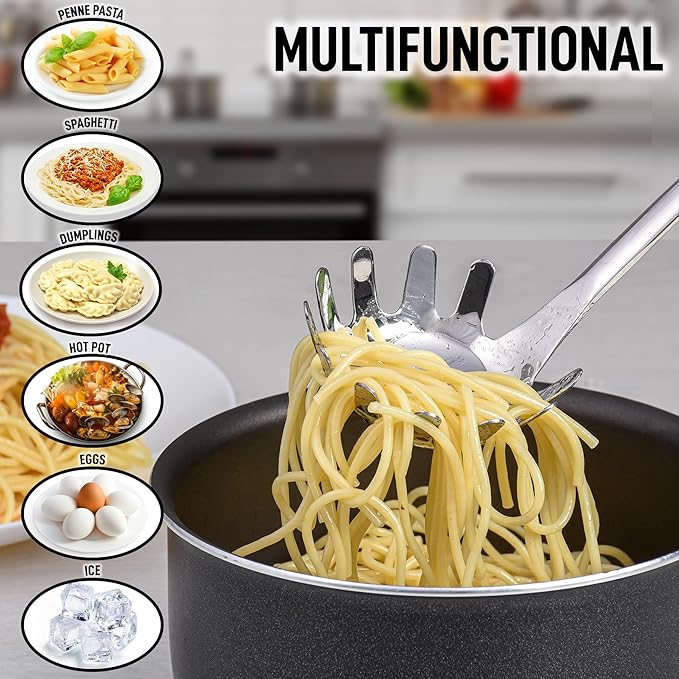 Zulay Kitchen Stainless Steel Spaghetti Spoon - 12” Pasta Spoon with Teeth & Draining Holes - Rust-Resistant Pasta Fork for Noodles & Pasta - Dishwasher Safe Utensil for Everyday Use