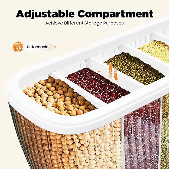 6 Grids Dry Food Dispenser Storage Containers w/Rice Hopper, Rice & Cereal Dispenser for Kitchen Pantry Organization, Storage Bucket for Small Grains, Beans