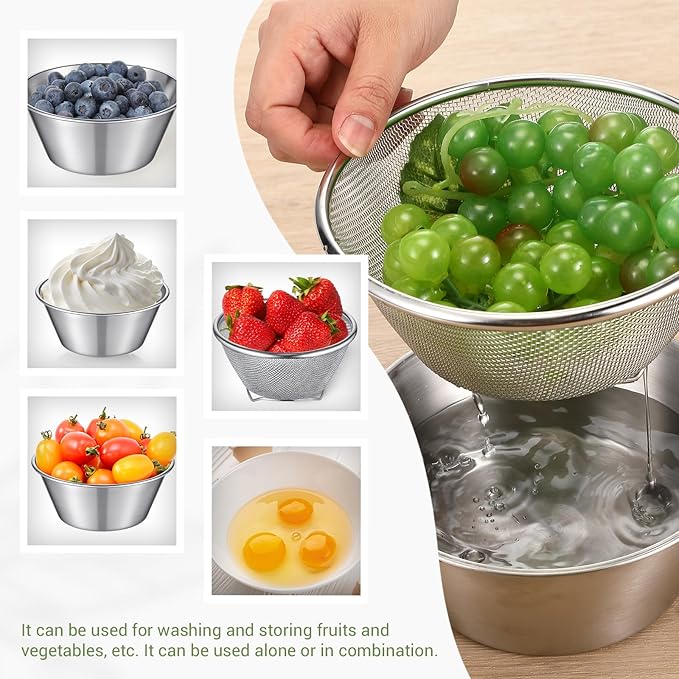 Baderke 2 Pcs Mini Colander & Food Strainer 304 Stainless Steel Small Mixing Colanders Bowl Rice Strainer for Kitchen Cooking Fruit Washing Vegetable(5.51 x 2.36 Inches,Silvery)