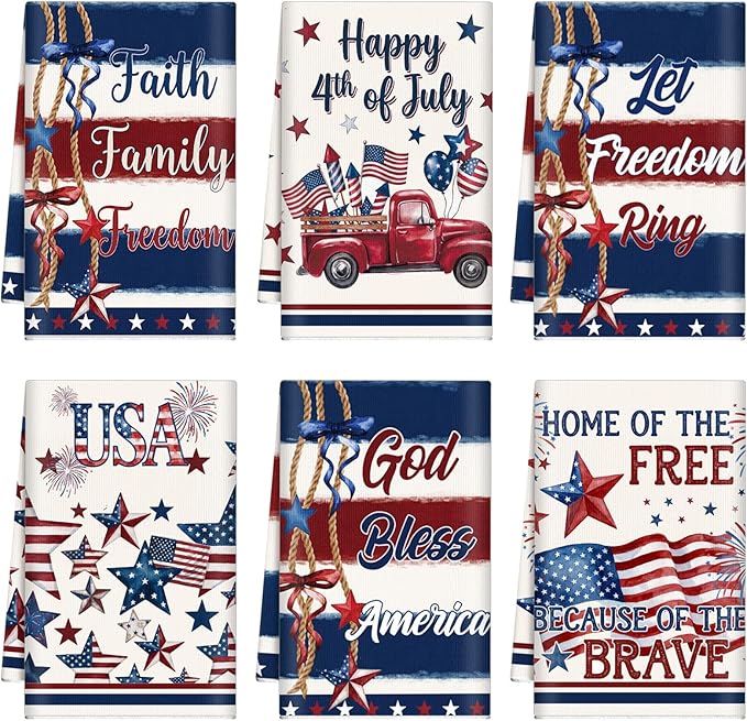 Breling Set of 6 4th of July Kitchen Towels Patriotic Themed Dish Towel Bathroom Decorative Rustic Cloths for Independence Day Kitchen Bathroom Home Cooking Housewarming, 14 x 21 Inch