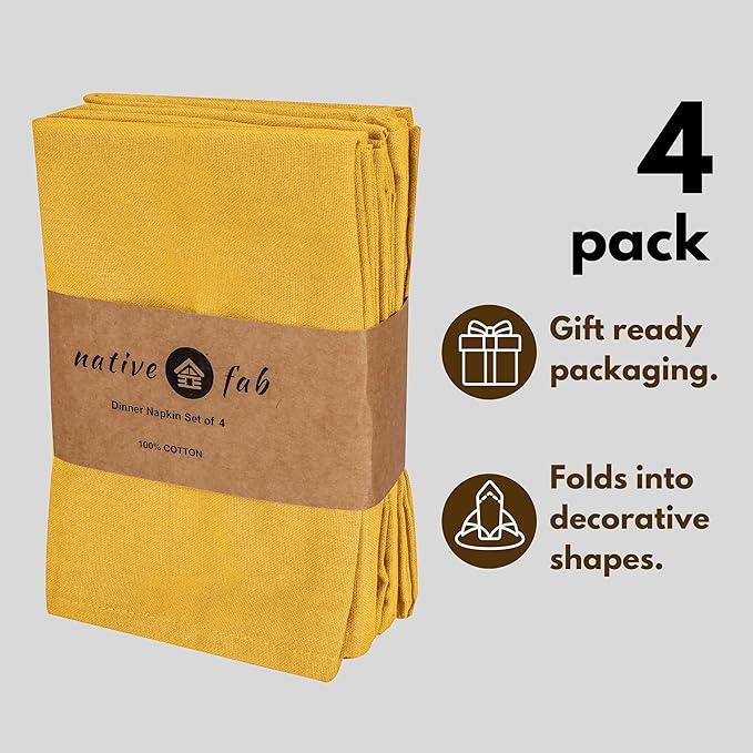 Native Fab Cloth Napkins Set of 4, 17x17 inches, 100% Cotton, Washable, Reusable Fabric Linen, Table Decor Napkins for Dinner, Events, Parties, Wedding - Mustard Yellow