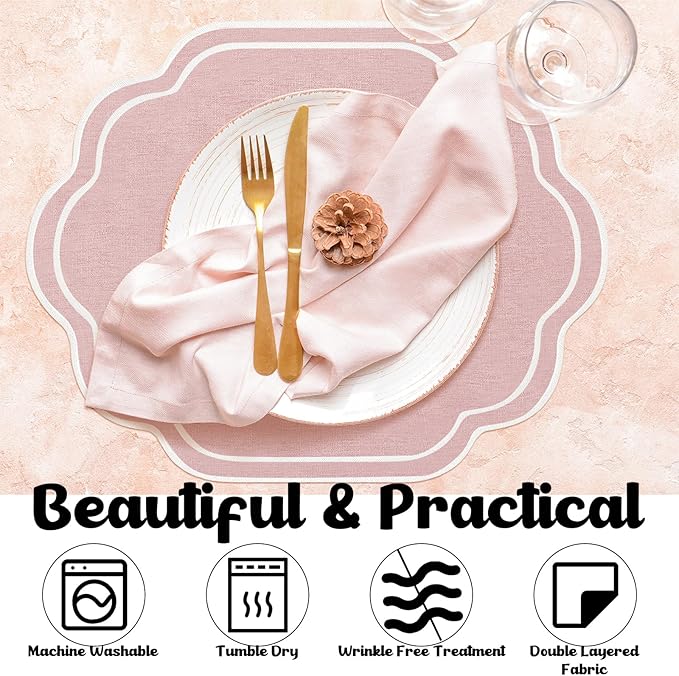 Breling Set of 6 Wedding Placemats Scalloped Embroidered Cotton Linen Placemats 17" x 13" Double Layered Machine Washable Table Place Mat for Party Table Decor(Pink)