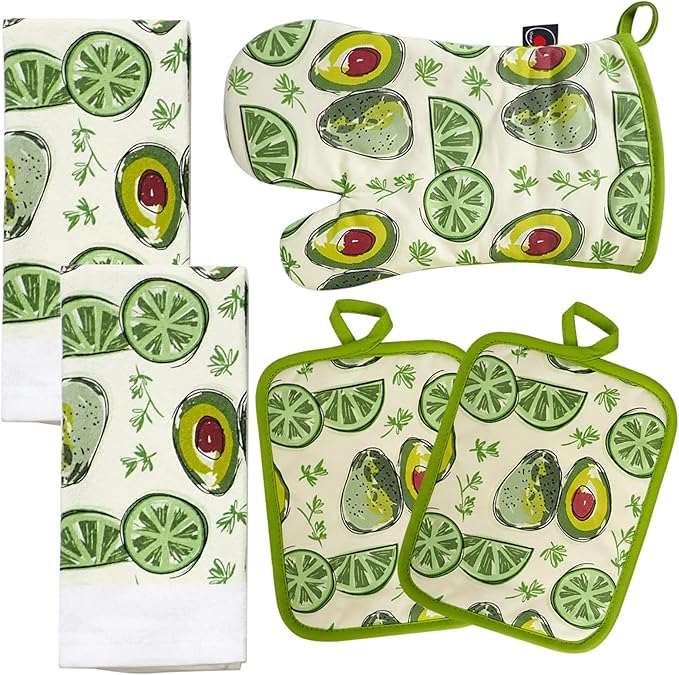 Oven Mitts and Potholders Dish Towles Set 100% Cotton for Perfect for Gifting, Baking and Everyday Cooking Durable Heat Resistant for Kitchen (5-Piece Lemon Avocado)