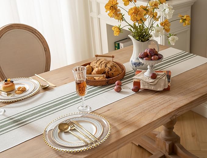 Caflife Boho Table Runner for Modern Farmhouse Decor, Dining Table décor 13 x 72 Inch Long with Handcrafted Tassels, Green and Beige Stripe Table Runner for Home Boho décor