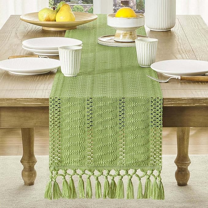 ZeeMart Macrame Style Boho Table Runner, Sage Green Table Runners 60 Inches Long, Farmhouse Woven Home Decor, 12x60 Inch, Green