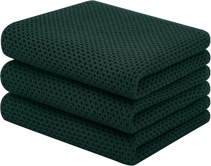 Homaxy 100% Cotton Waffle Weave Kitchen Towels, 3-Pack Ultra Soft Absorbent Dish Towels, Quick Drying Cleaning Towels, 13 x 28 Inches, Blackish Green