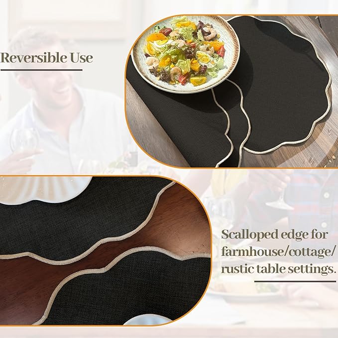 AHHFSMEI Round Faux Linen Placemats Set of 6 Heat Resistant Non-Slip Stain Proof Table Mats for Kitchen Dining Elegant Decor Place Mats (6, Black)