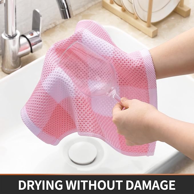Homaxy 100% Cotton Waffle Weave Check Plaid Dish Cloths, 12 x 12 Inches, Super Soft and Absorbent Dish Towels Quick Drying Dish Rags, 6-Pack, White & Pink