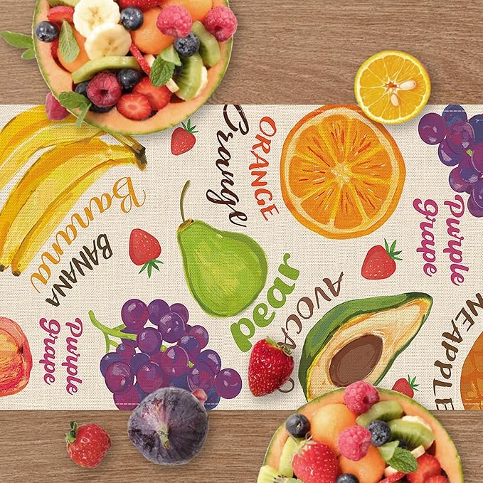 Watercolor Fruit Table Runner, Watermelon Pineapple Banana Orange Kitchen Dining Table Decoration, Spring Summer Grapes Kiwi Avocado Burlap Indoor Outdoor Home Decor Party Supply 13 x 72 Inches