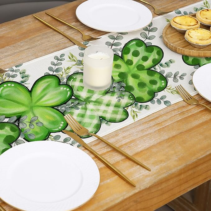 ONFAON St Patrick's Day Table Runner Decorations Shamrock Eucalyptus Heart Seasonal Spring Kitchen Dining Table Decoration for Home Party Decor 13x72 Inch