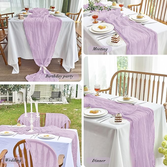IVAPUPU 4 Pcs Cheesecloth Table Runner - 10ft Lilac Purple Lavender Boho Gauze Cheese Cloth Table Runners for Baby Shower Decorations Wedding Party Summer Garden Decor