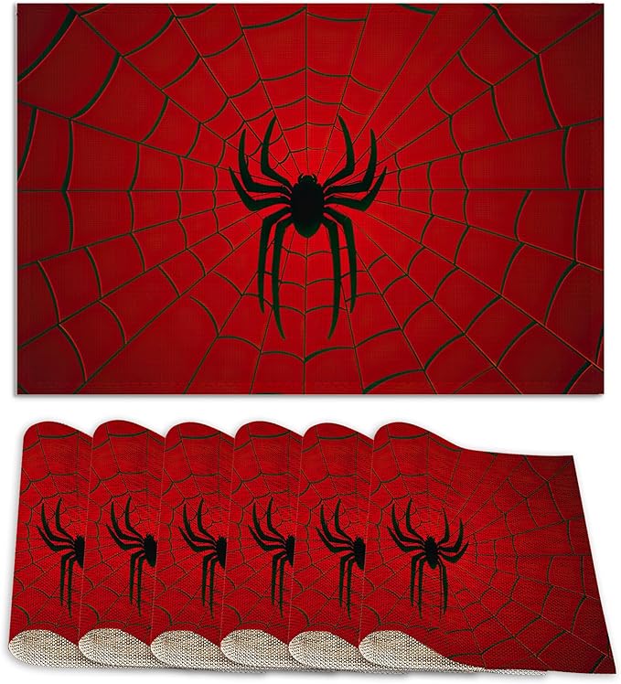 Red Spider Web Placemats Set of 6,12x18 Inch Table Mats for Kitchen Table Washable Farmhouse Linen Table Mats Dining Decoration