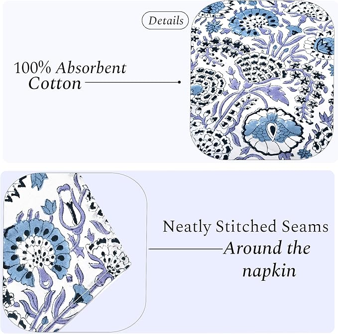 CPC Indigo Blue Indian Block Print Cotton Cloth Napkins Set of 4, 18x18 Reusable Everyday Napkins, Soft, Absorbent, Floral Dinner Napkin, Holiday, Party Gift, Spring,Mother's Day