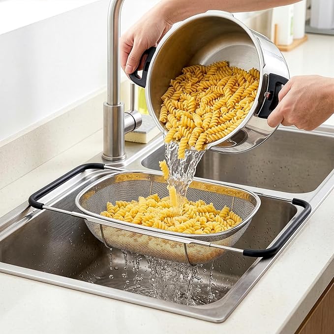 Suwimut 2 Pack Over the Sink Oval Colander for Kitchen, Stainless Steel Fine Mesh 6 Quart Strainer Basket with Expandable Rubber Grip Handles for Straining, Draining, Rinsing Fruits, Vegetables