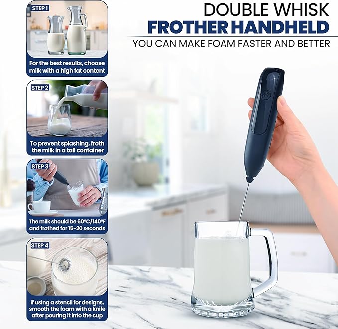 Rechargeable Milk Frother Handheld with Stand for Latte Art/Coffee Mixer Wand/Double Whisk Milk Frother Wand Coffee Frother Handheld/Electric Whisk Frother/Drink Mixer Handheld