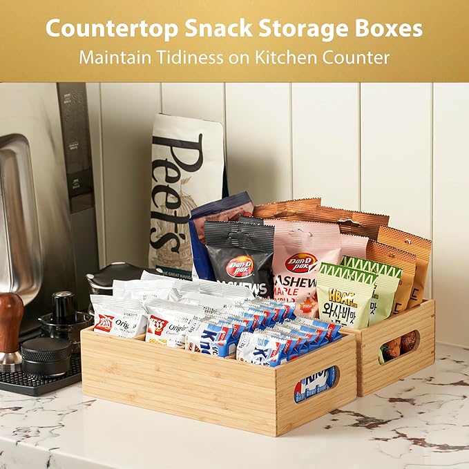 Umilife Large Bamboo Pantry Organizers and Storage Bins with Removable Dividers, Kitchen Drawer Cabinet Countertop Organization for Snack, Spice Packets, Teabags, Seasoning Pouches (2 Pack)
