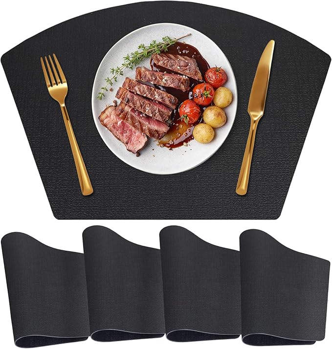 Round Table Placemats Set of 4, Dual-Sided Wedge Shape Faux Leather Table Mats, Washable Wipeable Heat Resistant Place Mats for Outdoor Indoor, Black