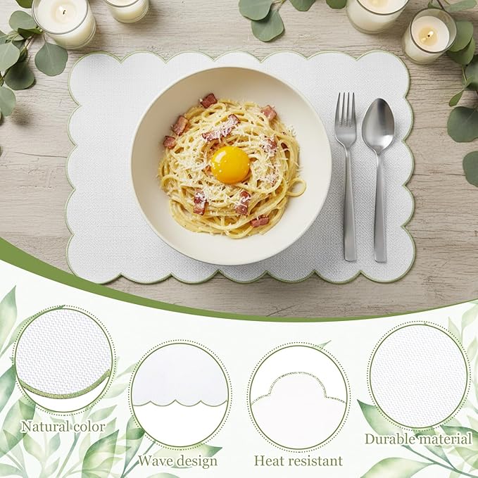LemonRoad 8 Pcs Boho Linen Placemats Set 13" x 19" Elegant Scalloped Double Layered Placemats Farmhouse Washable Rustic Dining Table Decorations for Kitchen Wedding Banquet (White,Sage Green)
