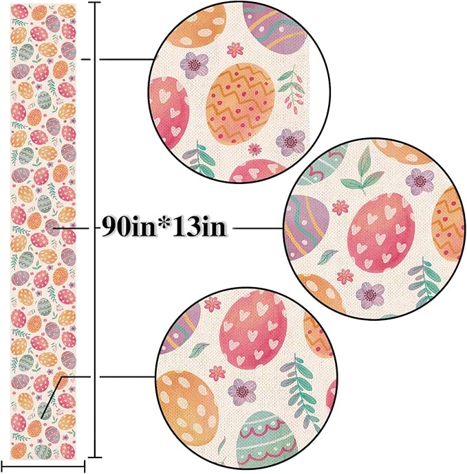 Nepnuser Linen Happy Easter Table Runner 90 inches Long Spring Easter Egg Decoration Farmhouse Home Dining Room Kitchen Table Decor