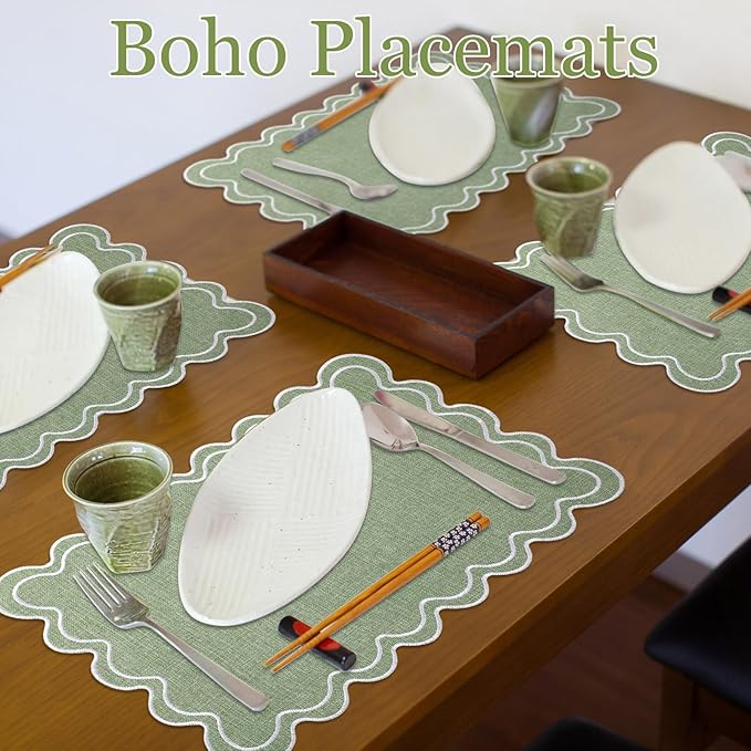 Linen Placemats Set of 12 Scalloped Placemat 13 X19 Wavy Embroidery Double Layered Washable Farmhouse Dinner Fabric Table Mat Napkin for Wedding Party Christmas Hotel Restaurant(Sage Green)