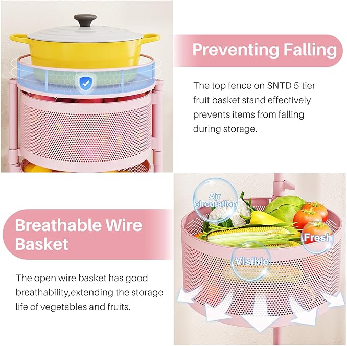 SNTD Fruit and Vegetable Basket Bowls for Kitchen with Metal Top Lid, 5 Tier Rotating Storage Rack Cart for Potato Onion Bread Banana, Wire Basket Organizer on Wheels, Large, Pink
