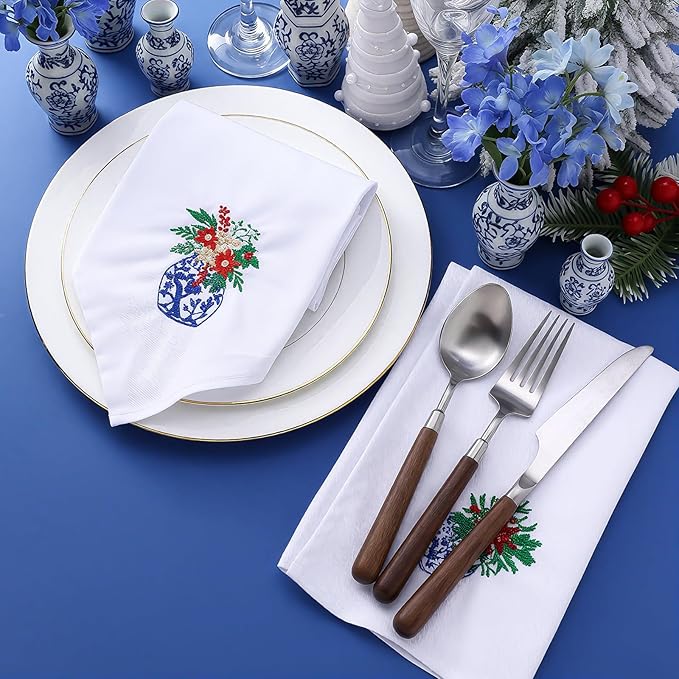 HunnmingRe 12 Pcs Christmas Blue and White Cloth Napkins Chinoiserie Embroidered Cotton Vase Hand Towels Blue Guests Napkin for Dinner Holiday Weddings Parties Washable 17x17 Inch