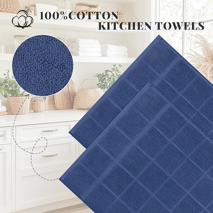 Homaxy Premium Kitchen Towels 18"x28", 6 Pack Large Cotton 380 GSM Dish Towels, Soft and Absorbent Kitchen Hand Towels with Terry Grid Design, Utility Tea Towel Set with Hanging Loop, Navy Blue