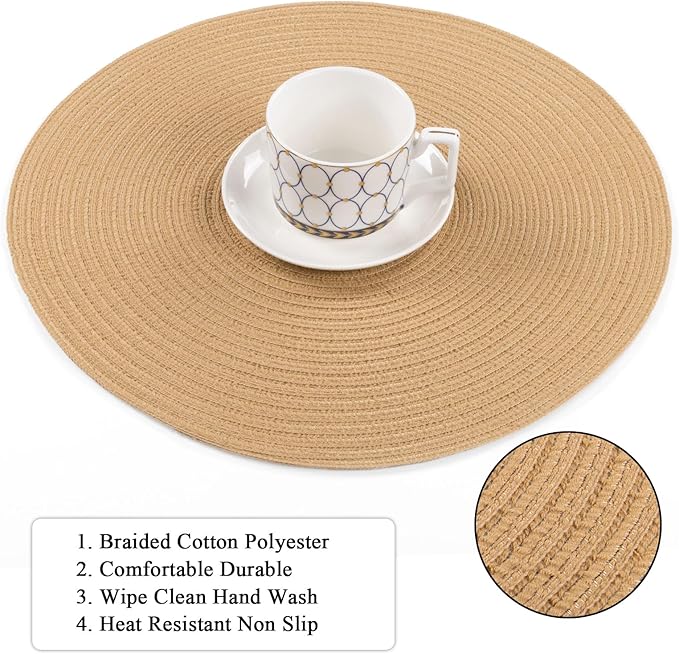 SHACOS Round Placemats Set of 8 Washable 15 inch Round Placemat Cotton Polyester Woven Braided Table Place Mats for Dining Table Decor, Camel
