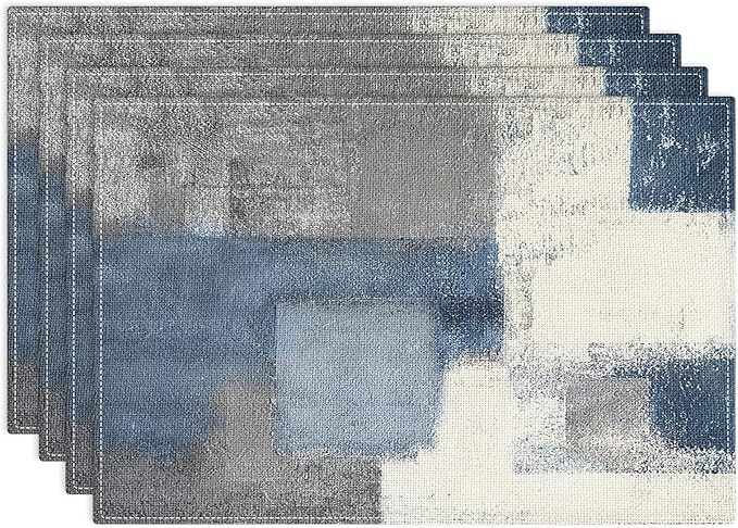 Emvency Farmhouse Placemats Set of 4, Vintage Blue and Grey Abstract Art Painting 12x18 Inch Table Mats for Outdoor Home Party Kitchen Dining Decoration