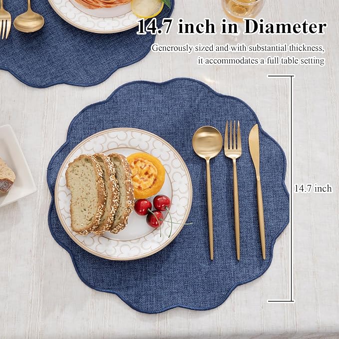 SHACOS Scalloped Round Placemats Set of 6 Polyester Linen Blend 15 inch Washable Non Slip Place Mats Easy Clean Heat Resistant Table Mats for Kitchen Dining Table Decor, Navy Blue