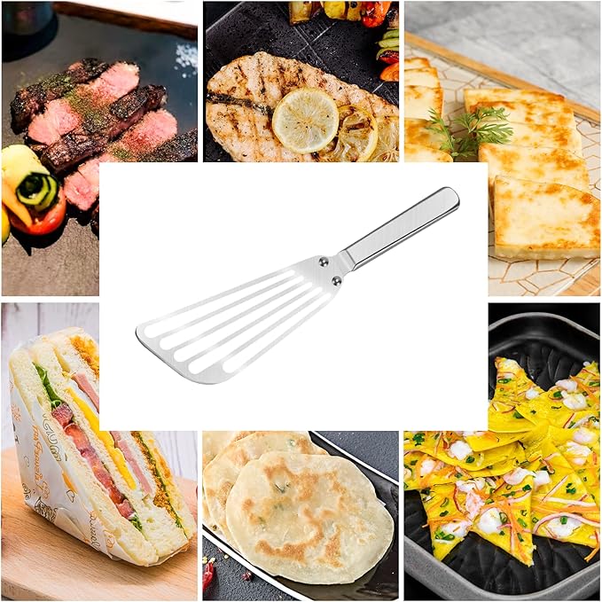 KSENDALO Stainless Steel Fish Spatula Set of 2- Metal Thin Slotted Turner for Kitchen Cooking, Flexible Egg Flipper with Blade with Riveted Handle for Cooking, Hollow Grip Design