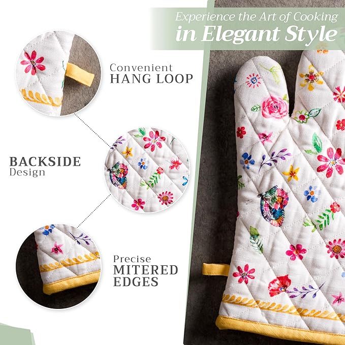 Maison d'Hermine Oven Gloves 100% Cotton Oven Mitt 7" x 13" with Loop Heat Resistant BBQ Cooking Gloves Baking Grilling Gifts for Mothers Day Spring/Summer (Pack of 1, Happy Florals - Sweety)