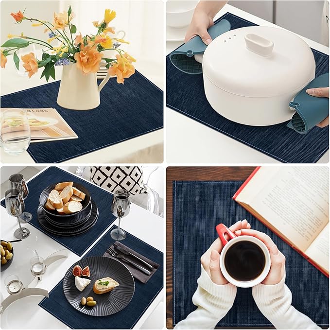 Niviy Dark Blue Placemats Set of 6, 12x18 Inch Washable Easy to Clean Heat-Resistant Anti-Skid Navy Blue Placemats for Holiday Party Kitchen Dining Room Decoration