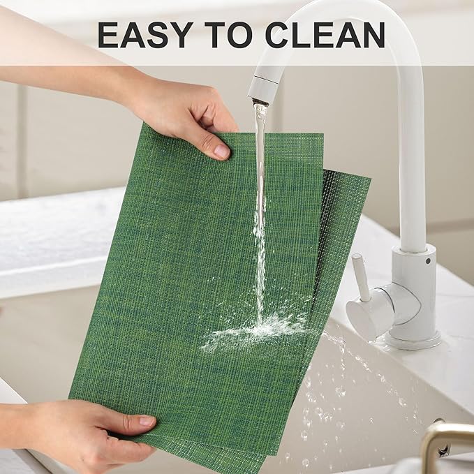 Vinyl Placemats Set of 6, PVC Woven Washable Non-Slip Table Mats, Heat Resistant Wrinkle Free Place Mats for Dining Table, Easy to Clean (6, Green)
