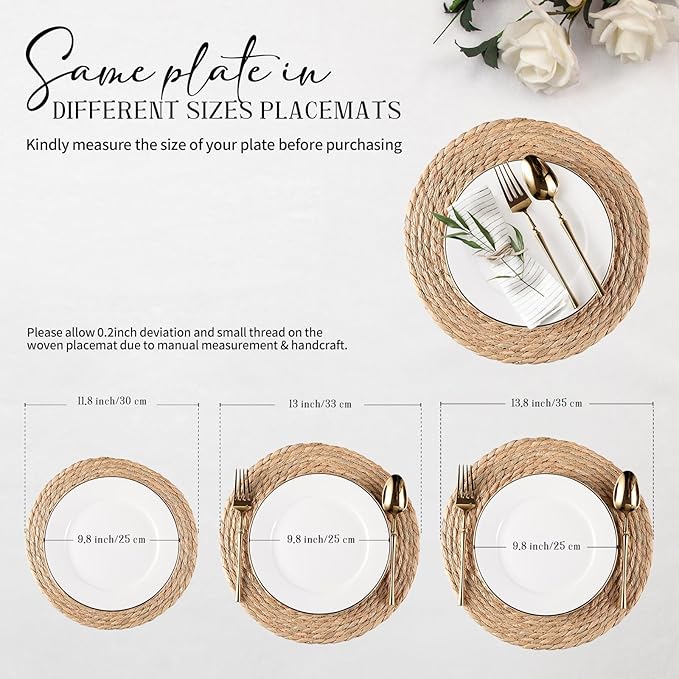 Round Woven Placemats Set of 8, Natural Water Hyacinth Place mats, Rattan Placemat Wicker Placemats Farmhouse Boho Braided Heat Resistant Outdoor Placemat Patio Table Place Mats (12 inch Set of 8)